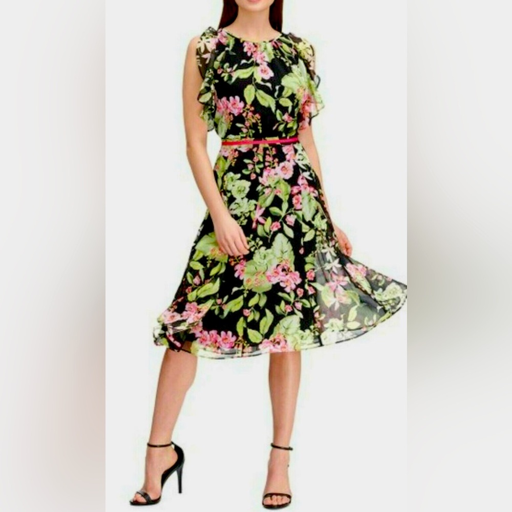 Tommy Hilfiger Floral Chiffon Ruffle Sleeveless Fit & Flare Midi Dress Size 6